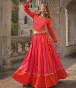 Pink & Red Silk Free Size Stitched Navratri Lehenga Choli with Embroidery & Mirror Work