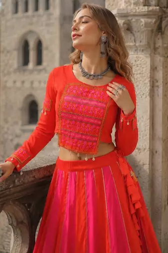 Pink & Red Silk Free Size Stitched Navratri Lehenga Choli with Embroidery & Mirror Work