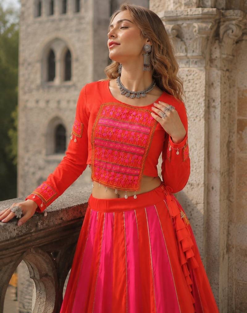 Pink & Red Silk Free Size Stitched Navratri Lehenga Choli with Embroidery & Mirror Work