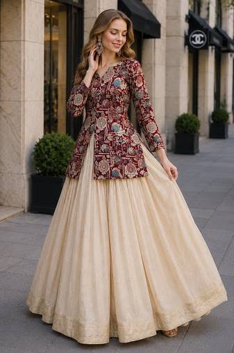 Off White Silk Free Size Stitched Lehenga Choli with Embroidery & Jequard Work