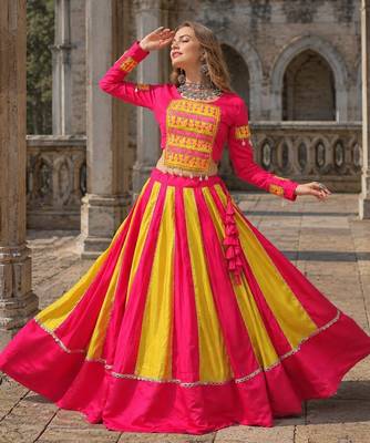 Pink&Yellow Silk Free Size Stitched Navratri Lehenga Choli with Embroidery & Mirror Work 1