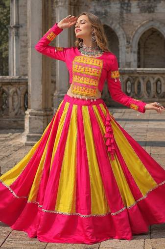 Pink&Yellow Silk Free Size Stitched Navratri Lehenga Choli with Embroidery & Mirror Work