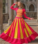 Pink&Yellow Silk Free Size Stitched Navratri Lehenga Choli with Embroidery & Mirror Work