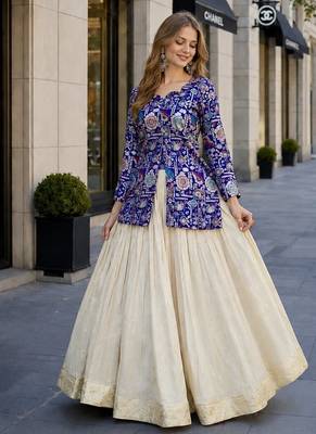Off White Silk Free Size Stitched Lehenga Choli with Embroidery & Jequard Work 1