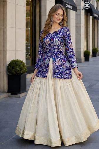 Off White Silk Free Size Stitched Lehenga Choli with Embroidery & Jequard Work