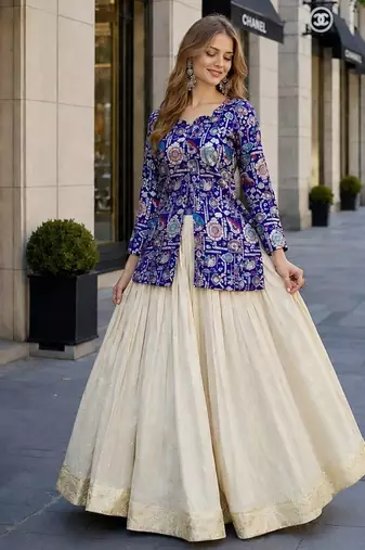 Off White Silk Free Size Stitched Lehenga Choli with Embroidery & Jequard Work