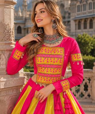 Pink&Yellow Silk Free Size Stitched Navratri Lehenga Choli with Embroidery & Mirror Work 2