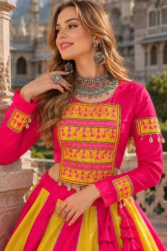 Pink&Yellow Silk Free Size Stitched Navratri Lehenga Choli with Embroidery & Mirror Work