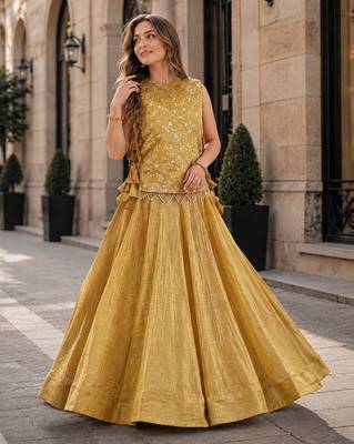 Mustard Silk Free Size Stitched Lehenga Choli with Embroidery & Pearl Work 1