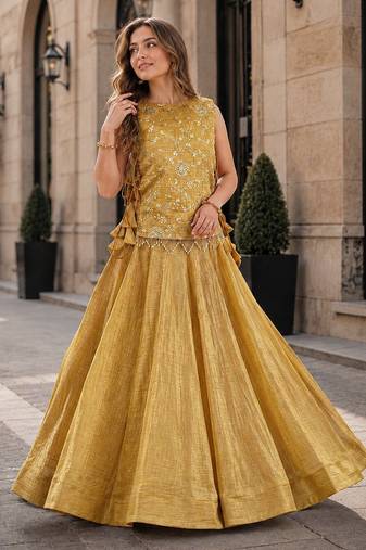 Mustard Silk Free Size Stitched Lehenga Choli with Embroidery & Pearl Work