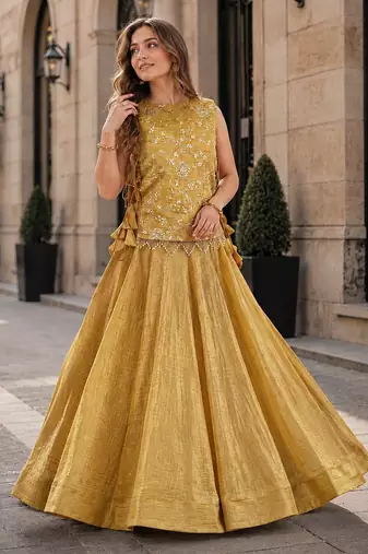 Mustard Silk Free Size Stitched Lehenga Choli with Embroidery & Pearl Work