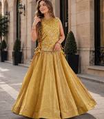 Mustard Silk Free Size Stitched Lehenga Choli with Embroidery & Pearl Work