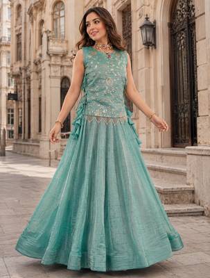 Blue Silk Free Size Stitched Lehenga Choli with Embroidery & Pearl Work 1