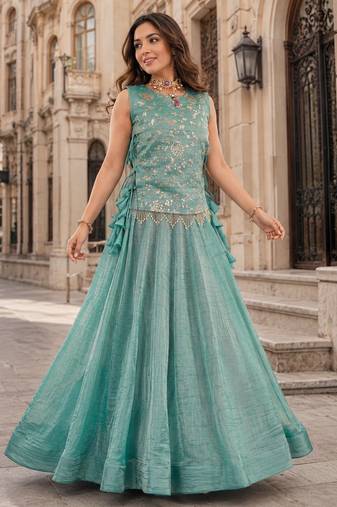 Blue Silk Free Size Stitched Lehenga Choli with Embroidery & Pearl Work