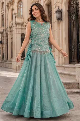 Blue Silk Free Size Stitched Lehenga Choli with Embroidery & Pearl Work