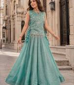 Blue Silk Free Size Stitched Lehenga Choli with Embroidery & Pearl Work