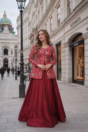 Maroon Simmer Free Size Stitched Lehenga Choli with Embroidery & jacquard Work