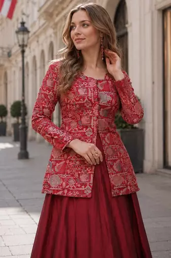 Maroon Simmer Free Size Stitched Lehenga Choli with Embroidery & Jequard Work