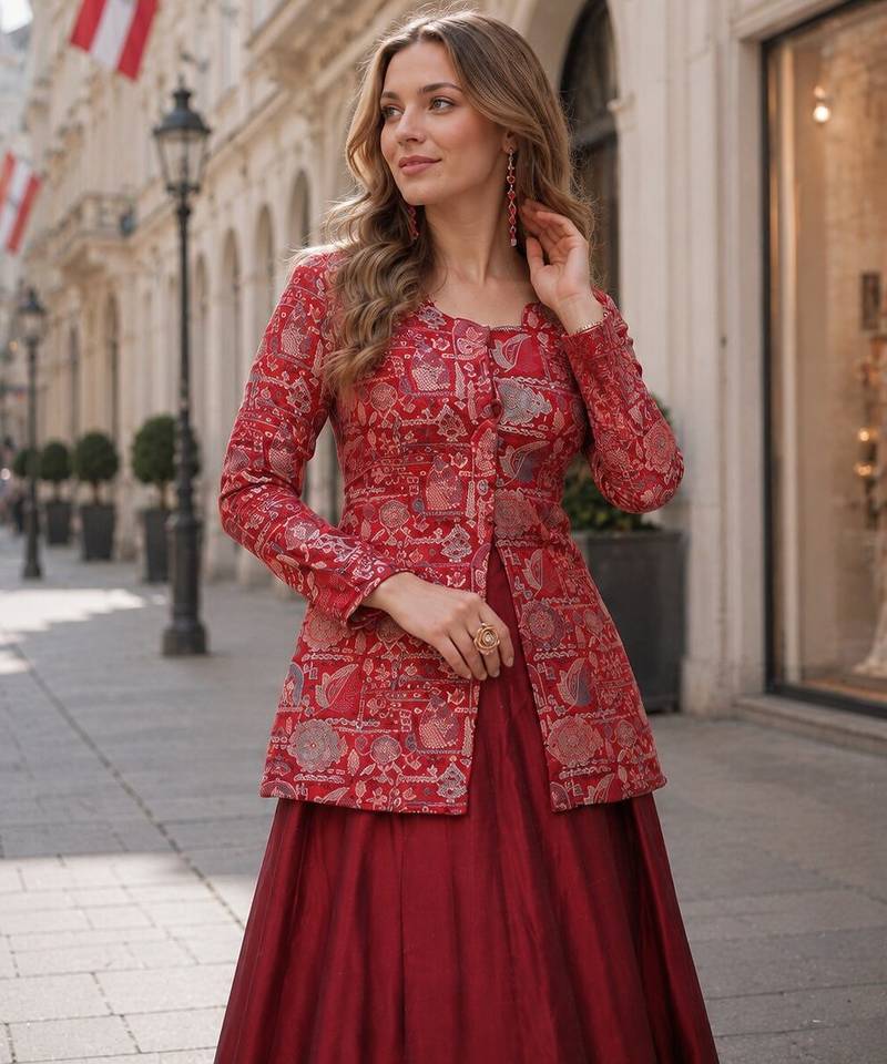 Maroon Simmer Free Size Stitched Lehenga Choli with Embroidery & Jequard Work