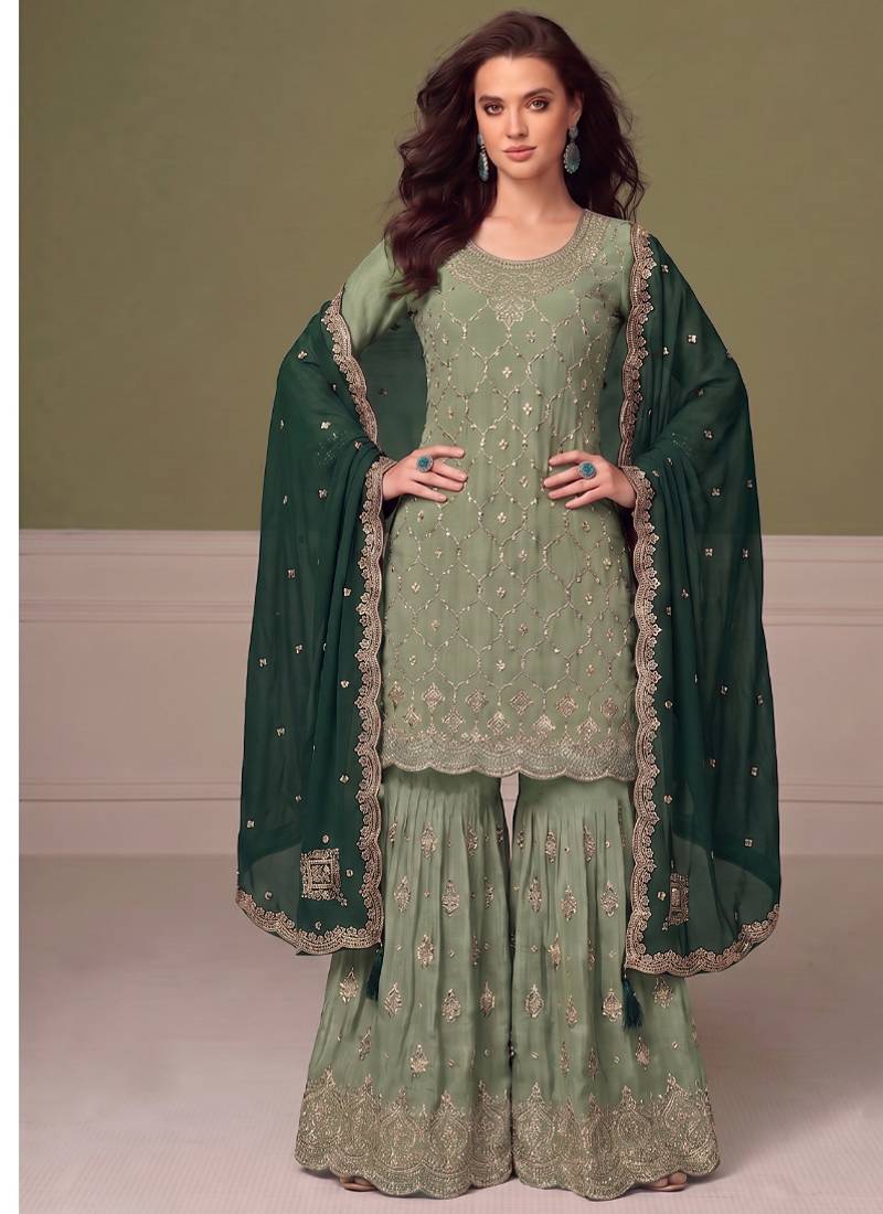 Heavy chinon pista green salwar suit for women ethnic wear