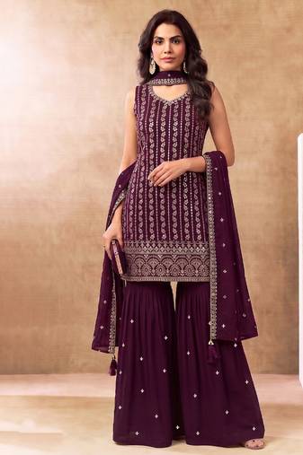 Latest cocktail wear wine chinon sharara suit for women