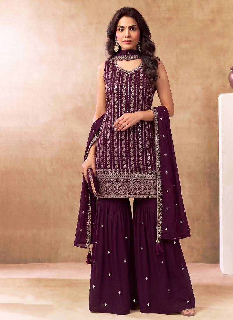 Latest cocktail wear wine chinon sharara suit for women