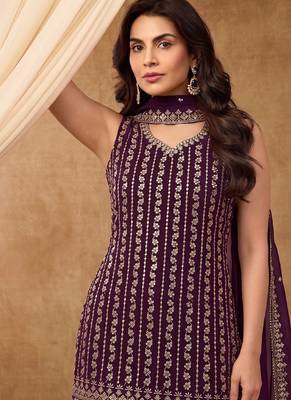 Latest cocktail wear wine chinon sharara suit for women 2