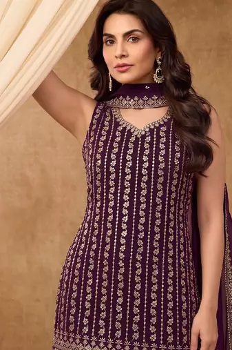 Latest cocktail wear wine chinon sharara suit for women