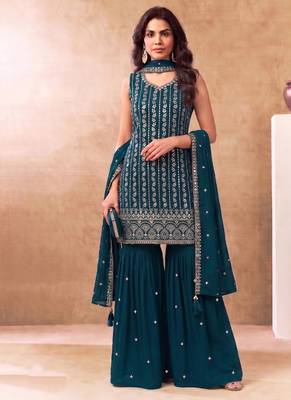 Latest cocktail wear aqua blue chinon sharara suit for women 1