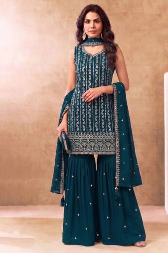 Latest cocktail wear aqua blue chinon sharara suit for women