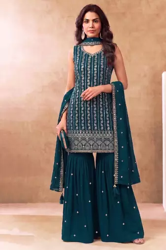 Latest cocktail wear aqua blue chinon sharara suit for women