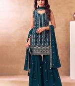 Latest cocktail wear aqua blue chinon sharara suit for women