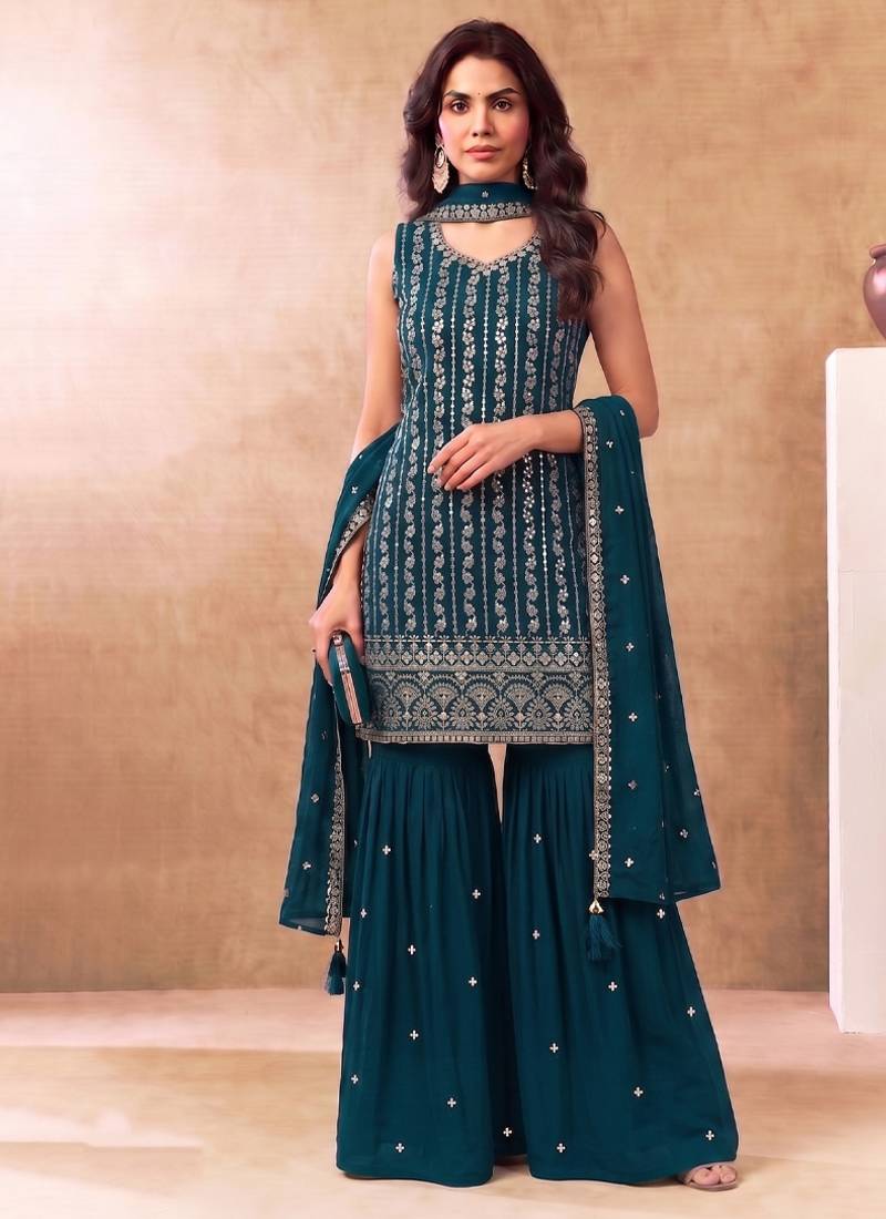 Latest cocktail wear aqua blue chinon sharara suit for women