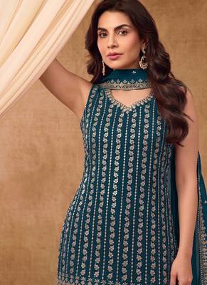 Latest cocktail wear aqua blue chinon sharara suit for women 2