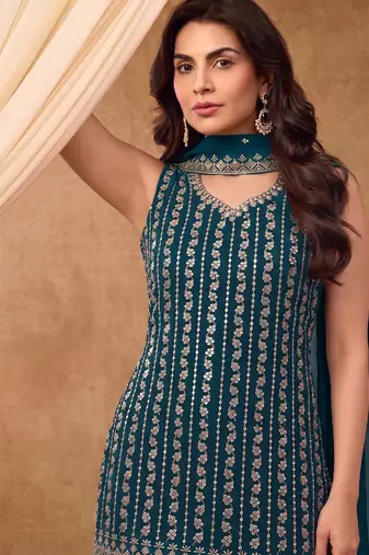 Latest cocktail wear aqua blue chinon sharara suit for women
