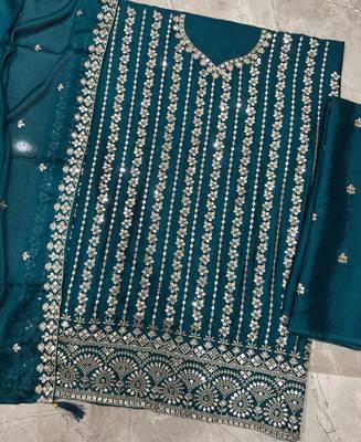 Latest cocktail wear aqua blue chinon sharara suit for women 4