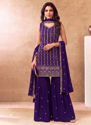 Latest cocktail wear purple chinon sharara suit for women 1