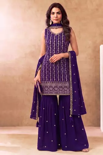 Latest cocktail wear purple chinon sharara suit for women