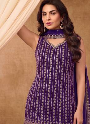 Latest cocktail wear purple chinon sharara suit for women 2