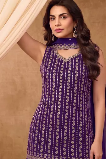 Latest cocktail wear purple chinon sharara suit for women