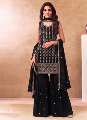 Latest cocktail wear black chinon sharara suit for women 1