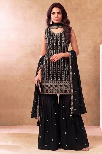 Latest cocktail wear black chinon sharara suit for women