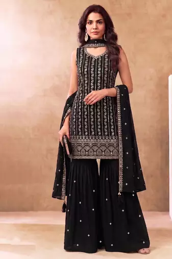 Latest cocktail wear black chinon sharara suit for women