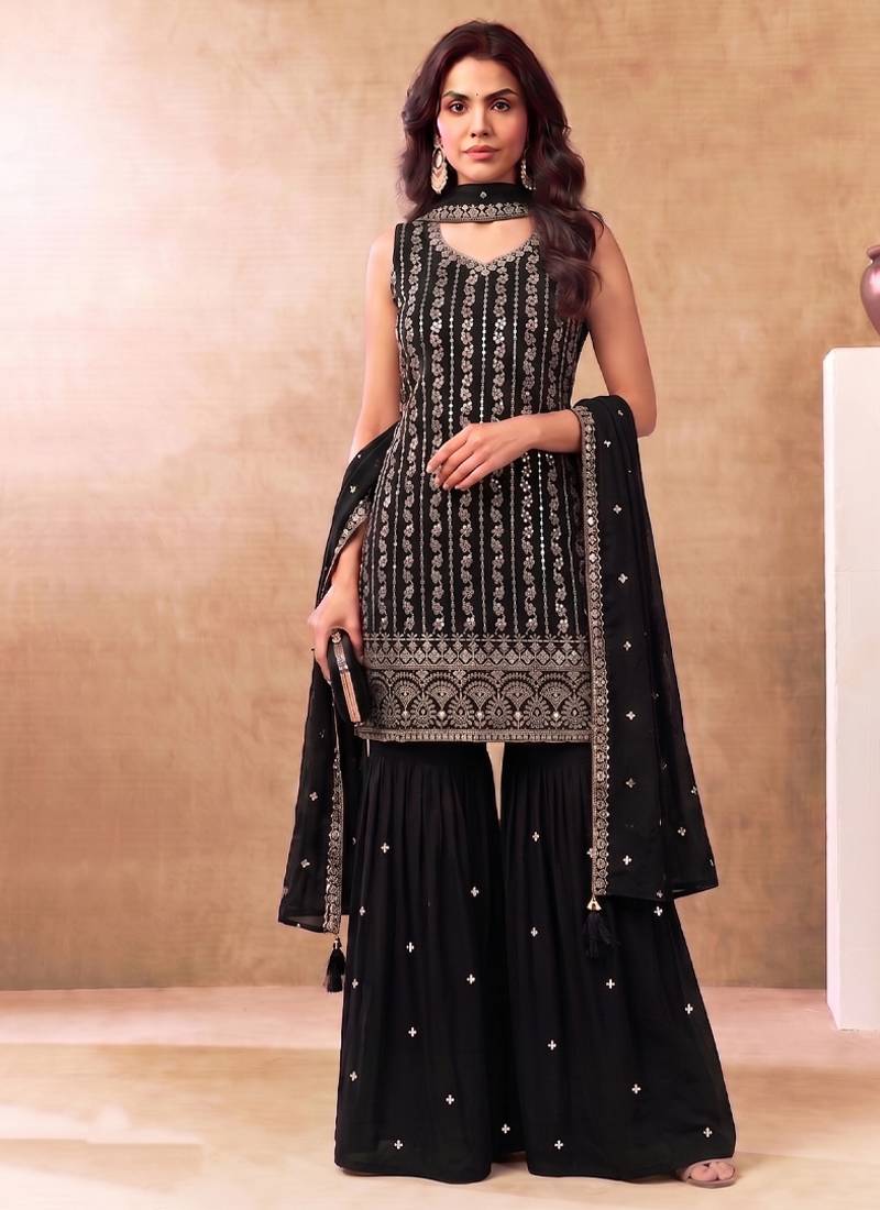 Latest cocktail wear black chinon sharara suit for women