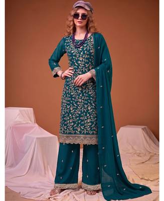 Teal blue straight suit for women georgette fabric 1