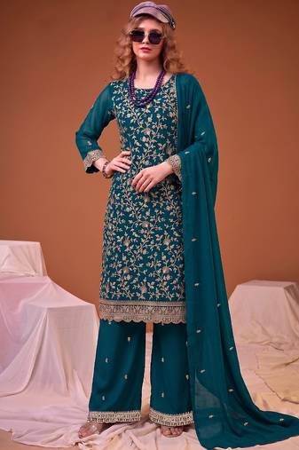 Teal blue straight suit for women georgette fabric