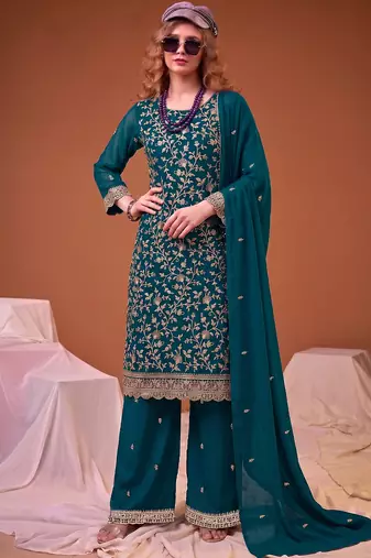 Teal blue straight suit for women georgette fabric