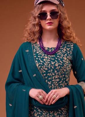 Teal blue straight suit for women georgette fabric 2