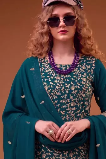 Teal blue straight suit for women georgette fabric