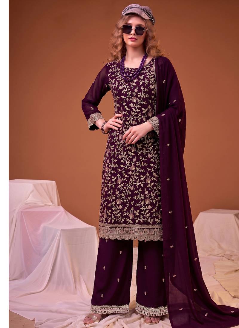 Purple straight suit for women georgette fabric